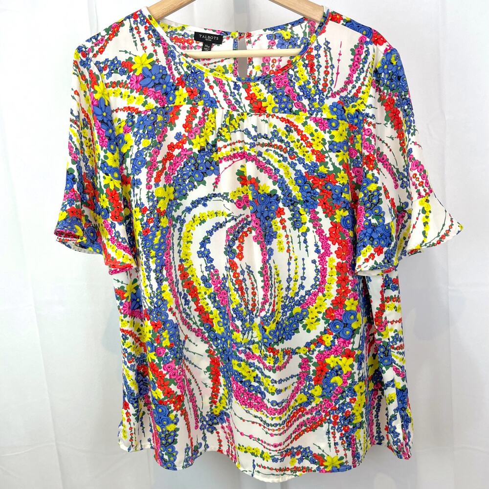 TALBOTS Petite XL PXL Ruffle Short Sleeve Top Swirling Floral Print Multicolor